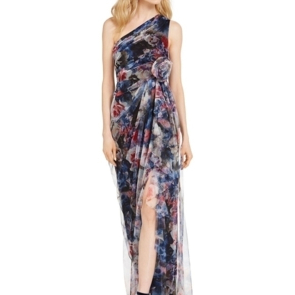 💜NWT Size 2 ADRIANNA PAPELL 1 SHOULDER CHIFFON DRESS SLIT  MAXI‎ WEDDING GALA